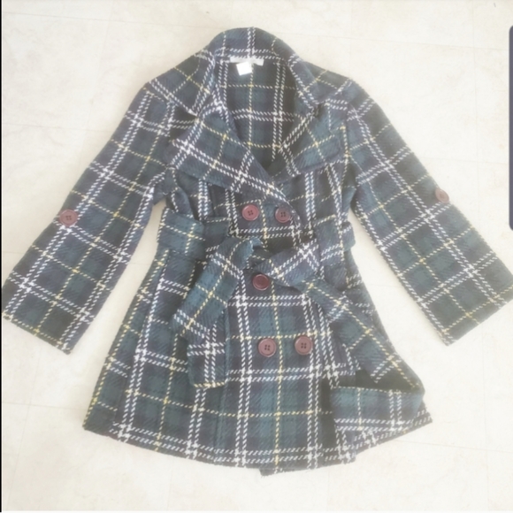 Checkered Forest Green Wool Polyester Fall Autumn Waist Tie Pea Coat Jacket - Picture 2 of 6